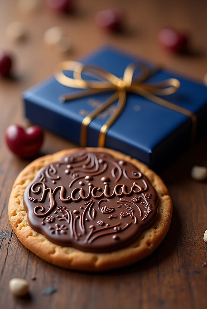 A thin round cookie on top has a layer of chocolate with relief and drawings in a circle, the chocolate and some letters that say Maria. Next to the cookie there is a closed square package in royal blue with gold. The package says in gold letters Delicias María.  