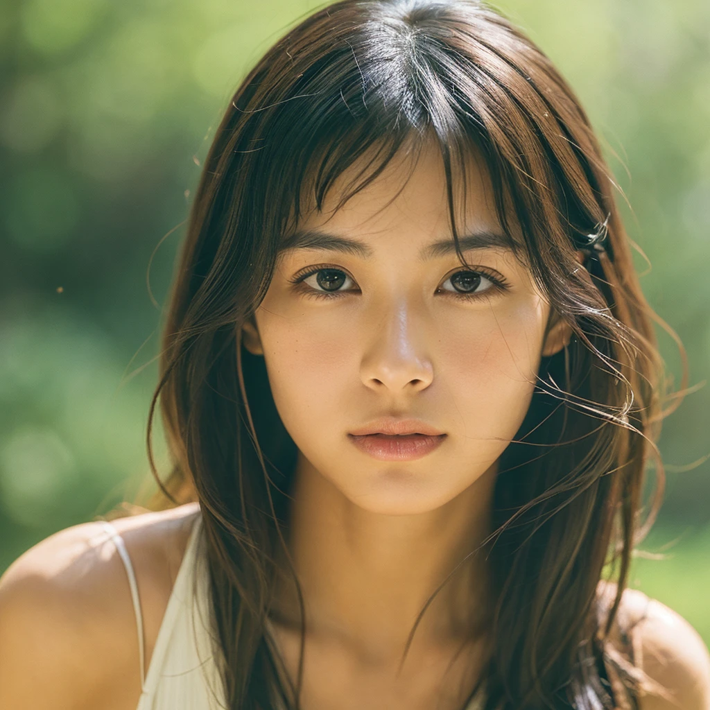 A hyper-realistic image of a single Japanese woman in her early 20s, captured with the nostalgic warmth and subtle graininess of a film camera. Her skin has a warm beige tone with a natural, slightly rough texture that includes visible pores, fine lines, and subtle imperfections such as small blemishes, adding to the authenticity of her appearance. The soft, diffused natural light enhances the film-like quality, casting gentle shadows that create a timeless, organic feel. Her straight, glossy black hair frames her face in a natural, slightly tousled manner, and her deep brown eyes reflect the ambient light, adding depth and emotion. The film camera effect introduces a slight grain and a softer focus, giving the image a warm, nostalgic atmosphere while maintaining the realistic texture of her skin. She is dressed simply, in a way that complements her natural beauty, with the overall composition designed to evoke a sense of genuine, understated elegance. The use of natural light, combined with the deliberately rougher texture of her skin and the film-like qualities, ensures that this image captures the imperfections that make her beauty truly lifelike, focusing solely on this one individual.