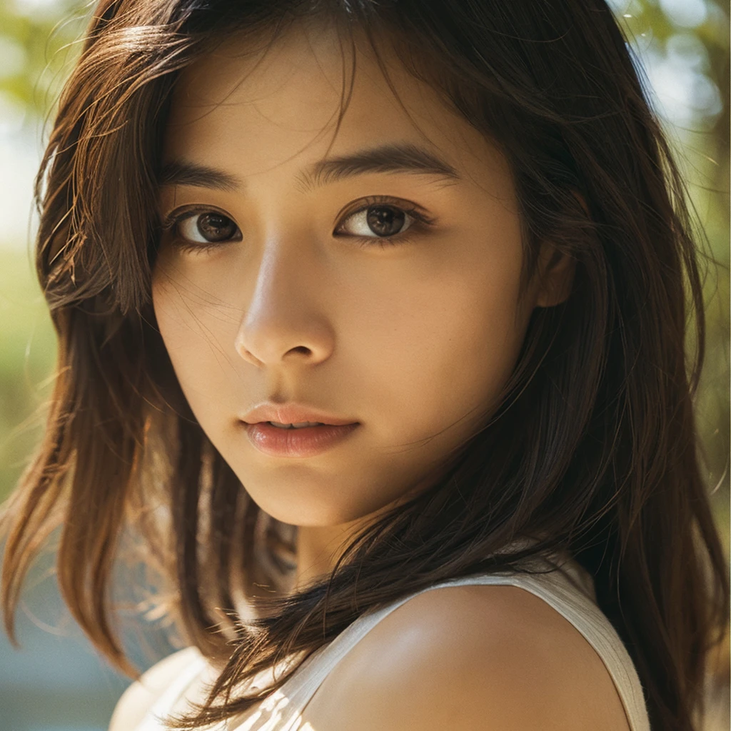 A hyper-realistic image of a single Japanese woman in her early 20s, captured with the nostalgic warmth and subtle graininess of a film camera. Her skin has a warm beige tone with a natural, slightly rough texture that includes visible pores, fine lines, and subtle imperfections such as small blemishes, adding to the authenticity of her appearance. The soft, diffused natural light enhances the film-like quality, casting gentle shadows that create a timeless, organic feel. Her straight, glossy black hair frames her face in a natural, slightly tousled manner, and her deep brown eyes reflect the ambient light, adding depth and emotion. The film camera effect introduces a slight grain and a softer focus, giving the image a warm, nostalgic atmosphere while maintaining the realistic texture of her skin. She is dressed simply, in a way that complements her natural beauty, with the overall composition designed to evoke a sense of genuine, understated elegance. The use of natural light, combined with the deliberately rougher texture of her skin and the film-like qualities, ensures that this image captures the imperfections that make her beauty truly lifelike, focusing solely on this one individual.