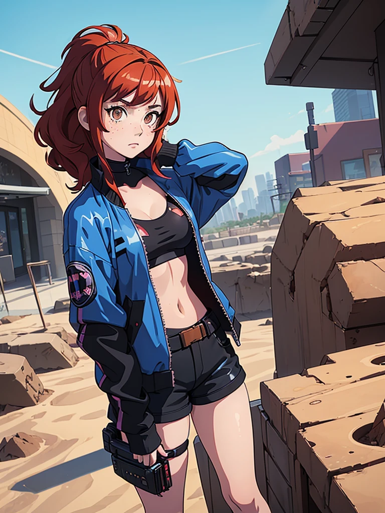 (masterpiece), (best quality), ((one girl)),alone, red hair,((brown eyes)),curly hair, anime style, freckles, (mall breast, (petite figure), blue and black cyberpunk jacket, shorts, legs, ((desert background))