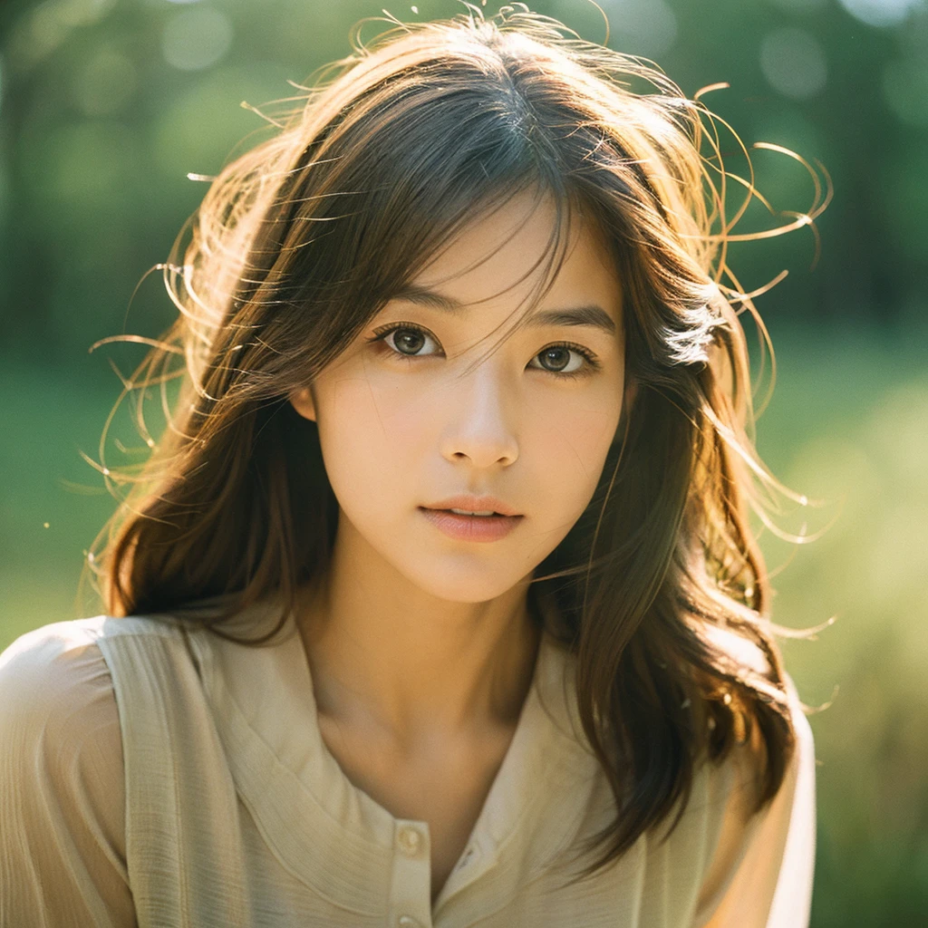 A hyper-realistic image of a single Japanese woman in her early 20s, captured with the nostalgic warmth and subtle graininess of a film camera. Her skin has a warm beige tone with a natural, slightly rough texture that includes visible pores, fine lines, and subtle imperfections such as small blemishes, adding to the authenticity of her appearance. The soft, diffused natural light enhances the film-like quality, casting gentle shadows that create a timeless, organic feel. Her straight, glossy black hair frames her face in a natural, slightly tousled manner, and her deep brown eyes reflect the ambient light, adding depth and emotion. The film camera effect introduces a slight grain and a softer focus, giving the image a warm, nostalgic atmosphere while maintaining the realistic texture of her skin. She is dressed simply, in a way that complements her natural beauty, with the overall composition designed to evoke a sense of genuine, understated elegance. The use of natural light, combined with the deliberately rougher texture of her skin and the film-like qualities, ensures that this image captures the imperfections that make her beauty truly lifelike, focusing solely on this one individual.