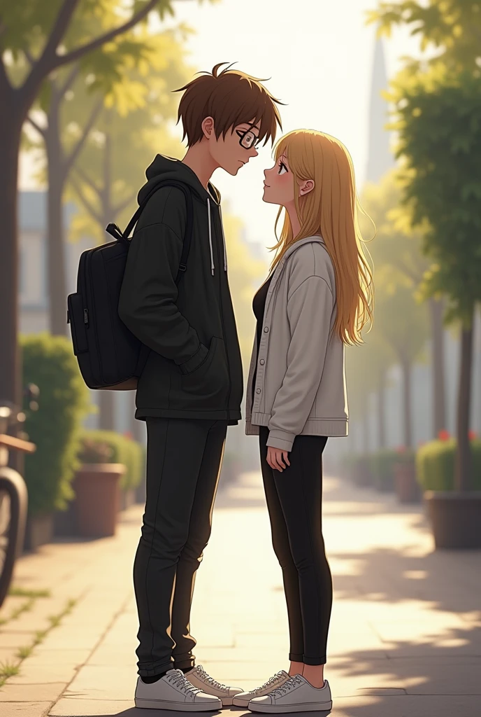 A teenage boy wearing a black shirt like a jacket, black pants, white shoes, brown hair, no beard, glasses, carrying a black bag and he is with his girlfriend who is wearing a white shirt, black pants, blonde hair, white shoes.

