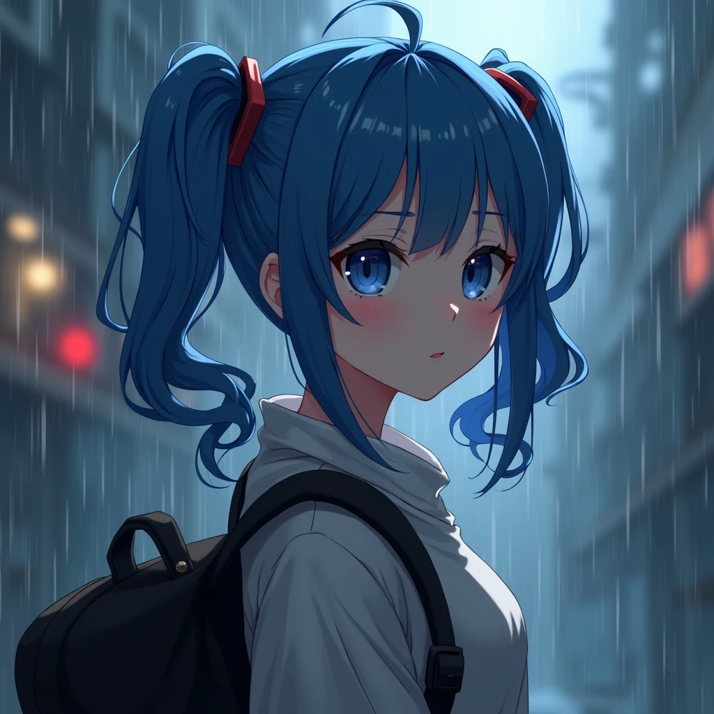 whole body,masterpiece, Highest quality, detailed, One person, cute,female,View your viewers, Roxy,Mushoku Tensei,realistic heavy rain,blue eyes,Blue Hair,Twin tails,Realistic eyes,nose is real,realistic mouth,Skin Real,Realistic Face,realistic head,Bodyial, cinematic background art,Backpack,big eyes sharp, Realistic, photo shoot