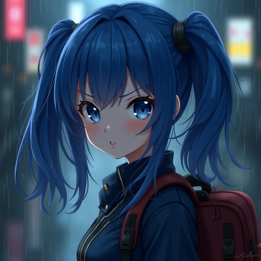whole body,masterpiece, Highest quality, detailed, One person, cute,female,View your viewers, Roxy,Mushoku Tensei，realistic heavy rain,blue eyes,Blue Hair,Twin tails,Realistic eyes,nose is real,realistic mouth,Skin Real,Realistic Face,realistic head,Bodyial, cinematic background art,Backpack,big eyes sharp, Realistic, photo shoot