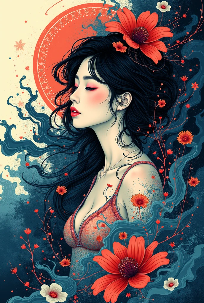 Colorful Abstract Art of Ink Forming a People, Lighting, Sub-Surface Scatterring, Glow, Award-winning Underwater Ink Art by Alberto Seveso, japanese anime, realistic, surreal, ((japanese woman)), portrait, absurdres,highres,ultra detailed,ultra-detailed background,detailed background,extremly detailed,1girl,bunch of flowers,(zentangle:1.2),(geometric:1.2) multi-colored color palette, monochromatic, big , cleavage, sideboob, lingerie, realistic depiction, arms behind back, kaleidoscopic, multidimensional, ethereal glow, captivating uniqueness, surreal juxtapositions, visual symphony, unforgettable visual narrative, edgy, mathematical, simple-shaped vectors, highly modern, stylistic, polygonal abstraction, vector art, bold lines, minimalist color scheme, digital art, abstract geometry