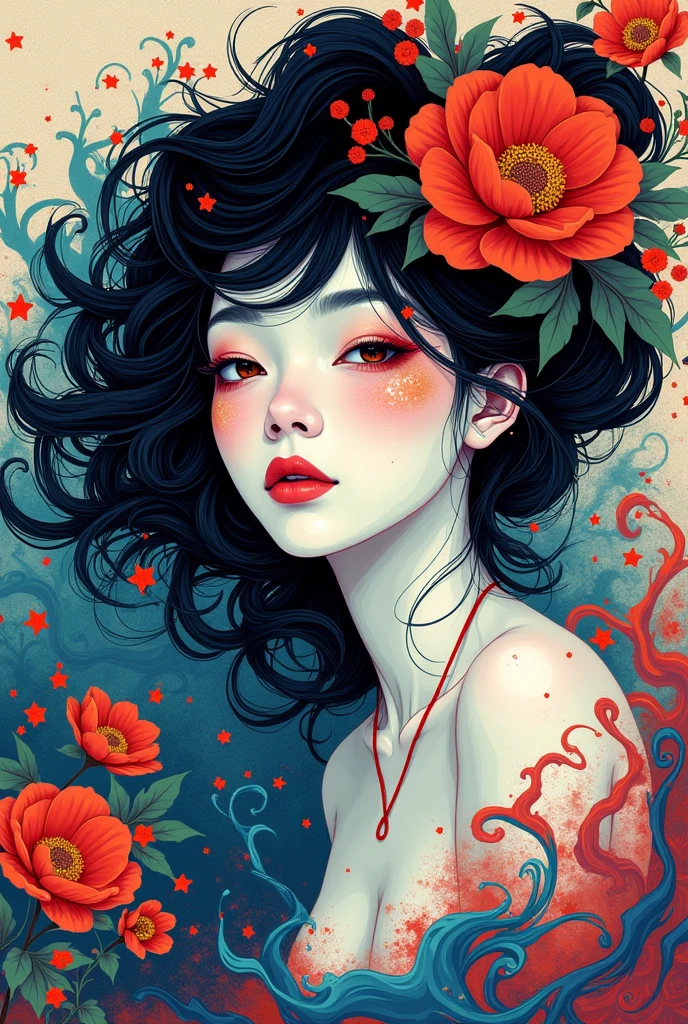 Colorful Abstract Art of Ink Forming a People, Lighting, Sub-Surface Scatterring, Glow, Award-winning Underwater Ink Art by Alberto Seveso, japanese anime, realistic, surreal, ((japanese woman)), portrait, absurdres,highres,ultra detailed,ultra-detailed background,detailed background,extremly detailed,1girl,bunch of flowers,(zentangle:1.2),(geometric:1.2) multi-colored color palette, monochromatic, big , cleavage, sideboob, lingerie, realistic depiction, arms behind back, kaleidoscopic, multidimensional, ethereal glow, captivating uniqueness, surreal juxtapositions, visual symphony, unforgettable visual narrative, edgy, mathematical, simple-shaped vectors, highly modern, stylistic, polygonal abstraction, vector art, bold lines, minimalist color scheme, digital art, abstract geometry

