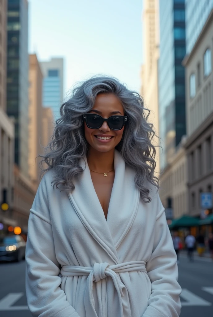 A beautiful youthful looking real life photo of a Hispanic version of Ariana Grande as a 50 years old woman with long her completely gray hair in a big curls styles as the superhero Daisy Johnson from Agents of S.H.I.E.L.D with blue eyes wearing sunglass wearing a bathrobe in a city downtown with many skyscraper nearby she is smiling for the camera