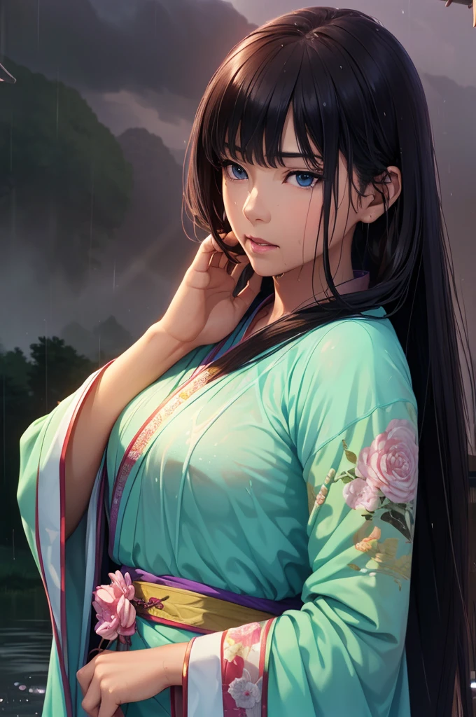Heavy rain background、Field、in the forest、Walking in the river、On the run、In the fog、war (Highest quality,4K,8k,High resolution,masterpiece:1.2), Very detailed, (Realistic,Realistic,Realistic:1.37), High resolution, Hyper HD, Studio Lighting, Ultra-fine painting, Sharp focus, Physically Based Rendering, Very detailed説明, Professional, Vibrant colors, Bokeh, Sports Late Night, Ancient War Landscapes, Traditional Chinese Painting Techniques, Atmospheric lighting, Vivid color contrast, Ethereal atmosphere,Very detailed目と顔, Beautiful attention to detail, Light on the face,豪華なHanfu (Hanfu: 1.1),My whole body is wet、My clothes are wet and transparent、Nipples are visible、The nipples are pale pink、Dynamic pose、Rain clouds spreading across the sky、Heavy rain weather、Pouring rain、Wind and rain storm、((Soaked skin from head to toe))、((Rain-soaked clothes(Rain dripping from clothes))、((The lines of your body are clearly visible through your wet clothes...))、、Eye color is green、Tired look、Disheveled clothing、Slim figure、Small breasts、Complex combat scenarios