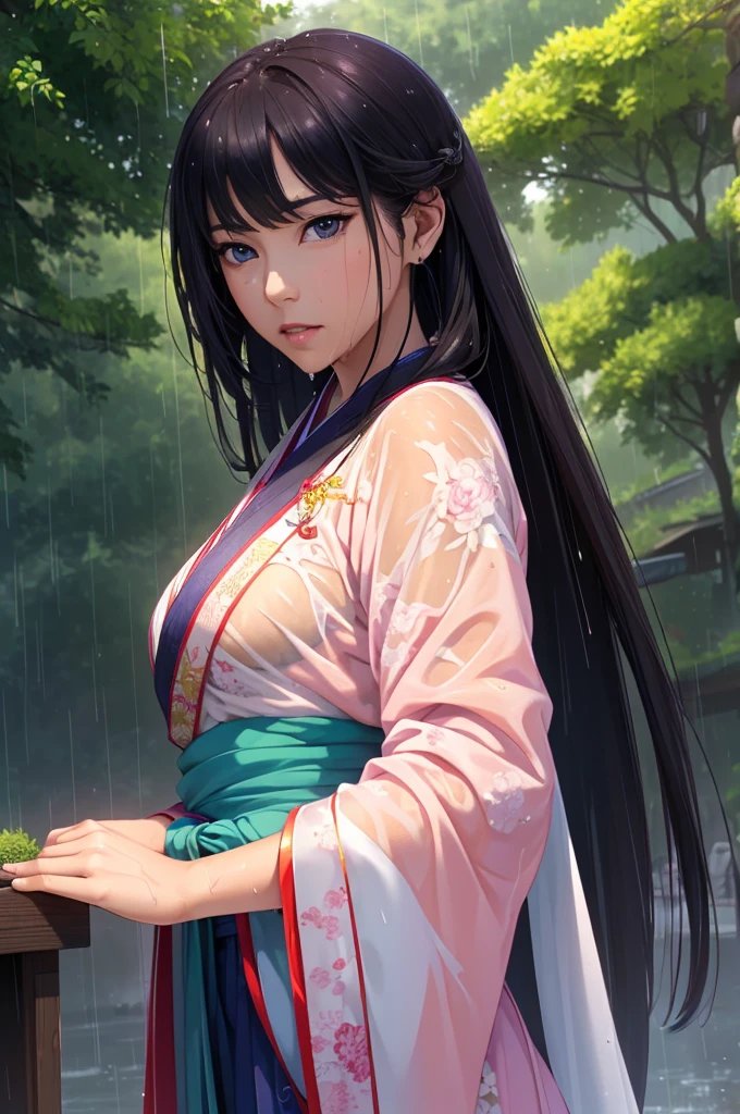 Heavy rain background、Field、in the forest、Walking in the river、On the run、In the fog、war (Highest quality,4K,8k,High resolution,masterpiece:1.2), Very detailed, (Realistic,Realistic,Realistic:1.37), High resolution, Hyper HD, Studio Lighting, Ultra-fine painting, Sharp focus, Physically Based Rendering, Very detailed説明, Professional, Vibrant colors, Bokeh, Sports Late Night, Ancient War Landscapes, Traditional Chinese Painting Techniques, Atmospheric lighting, Vivid color contrast, Ethereal atmosphere,Very detailed目と顔, Beautiful attention to detail, Light on the face,豪華なHanfu (Hanfu: 1.1),My whole body is wet、My clothes are wet and transparent、 are visible、The nipplesle pink、Dynamic pose、Rain clouds spreading across the sky、Heavy rain weather、Pouring rain、Wind and rain storm、((Soaked skin from head to toe))、((Rain-soaked clothes(Rain dripping from clothes))、((The lines of your body are clearly visible through your wet clothes...))、、Eye color is green、Tired look、Disheveled clothing、Slim figure、Small breasts、Complet scenarios