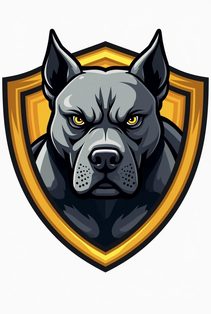 Create a gray pitbull logo's face for a football team. Make him a golden shield. Put a small font that says: Surroundings below . Turn it into pgn