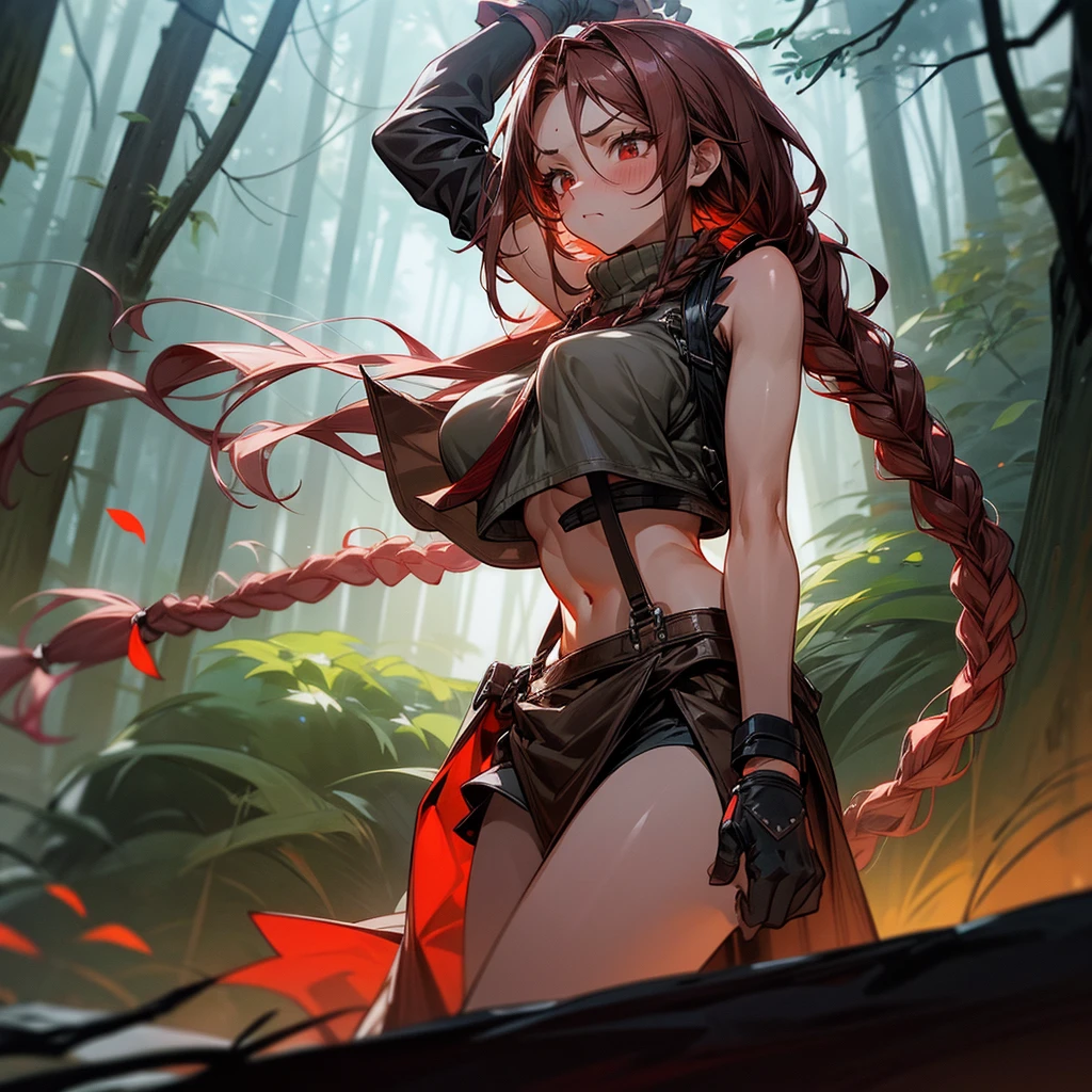 1female, sexy, big breast, young adult, finely detailed red eyes, wild long hair, braided hair, dark brown color hair, adventurer gear, suspenders, sleeveless crop top sweater, baggy combat skirt, night time, dark forest, somber expression, flowers, blushing, standing on path, lanturns, black armband, mma gloves