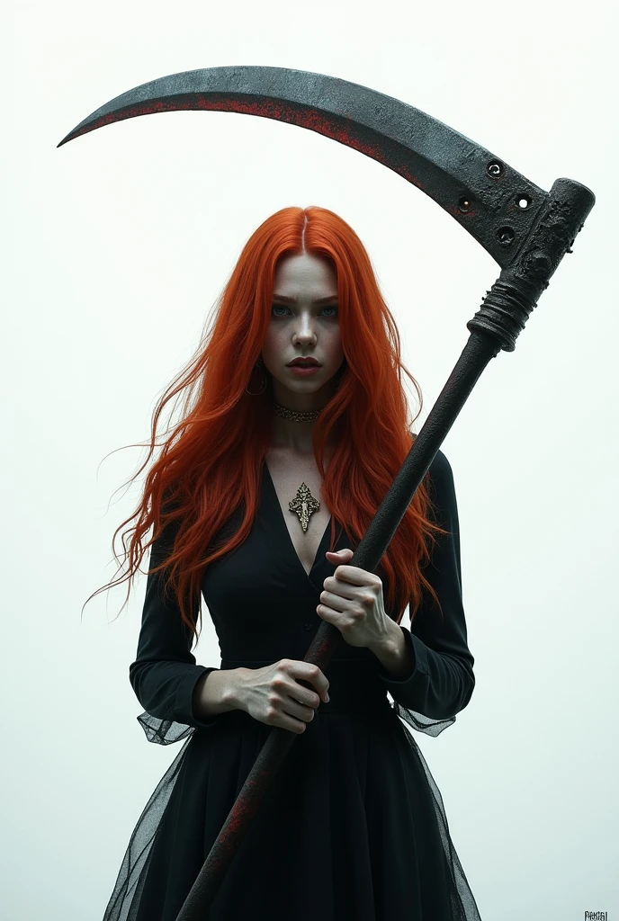 red-haired woman,with a proof of murder holding a scythe,white background