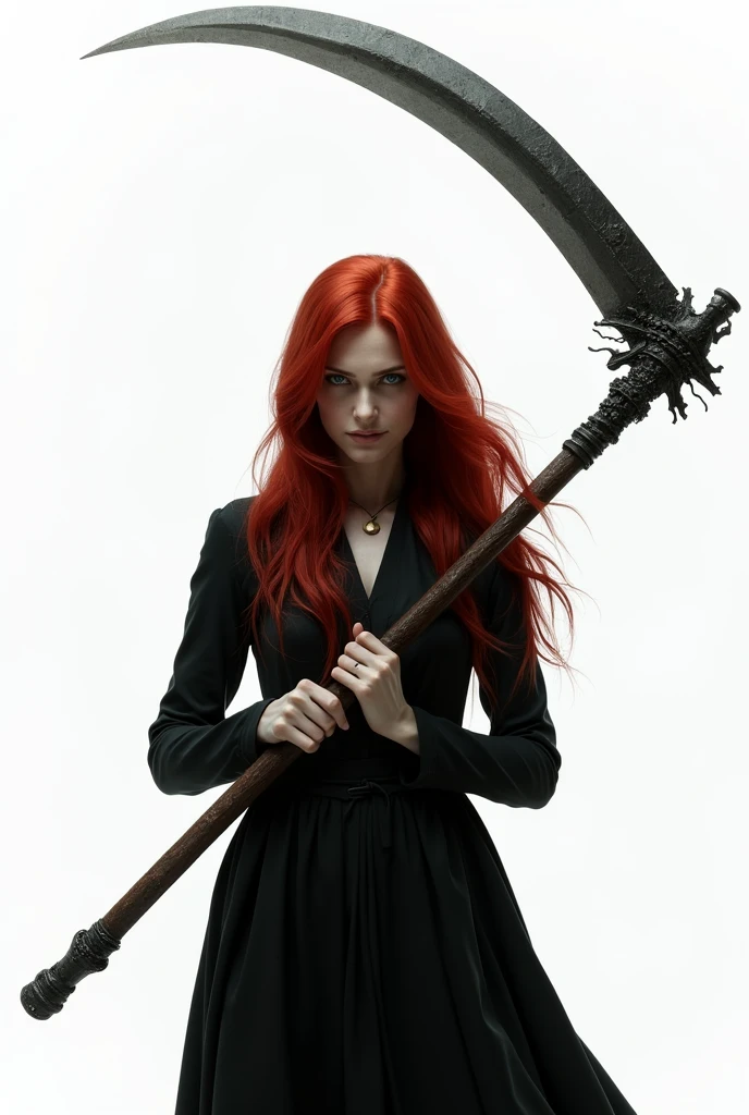 red-haired woman,with a proof of murder holding a scythe,white background