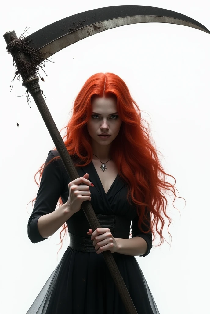 red-haired woman,with a proof of murder holding a scythe,white background 