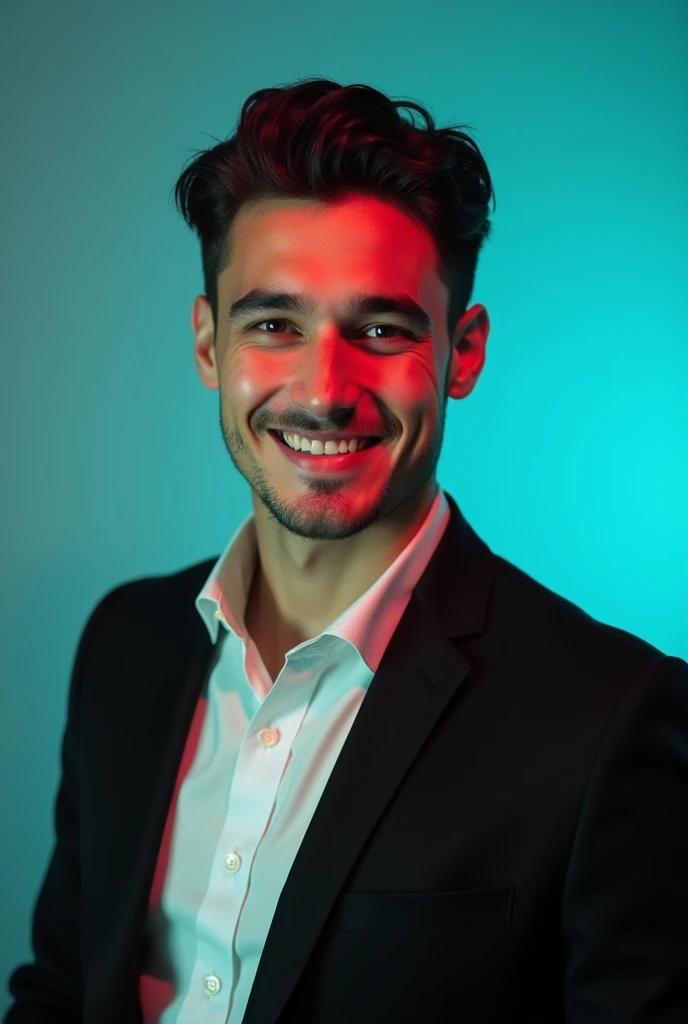 A young man with dark hair and a confident smile.He is dressed in a black blazer over a white shirt.The man is positioned against aaqua colour backdrop with a subtle red lighting on the left side.and he posing for linkedin profile