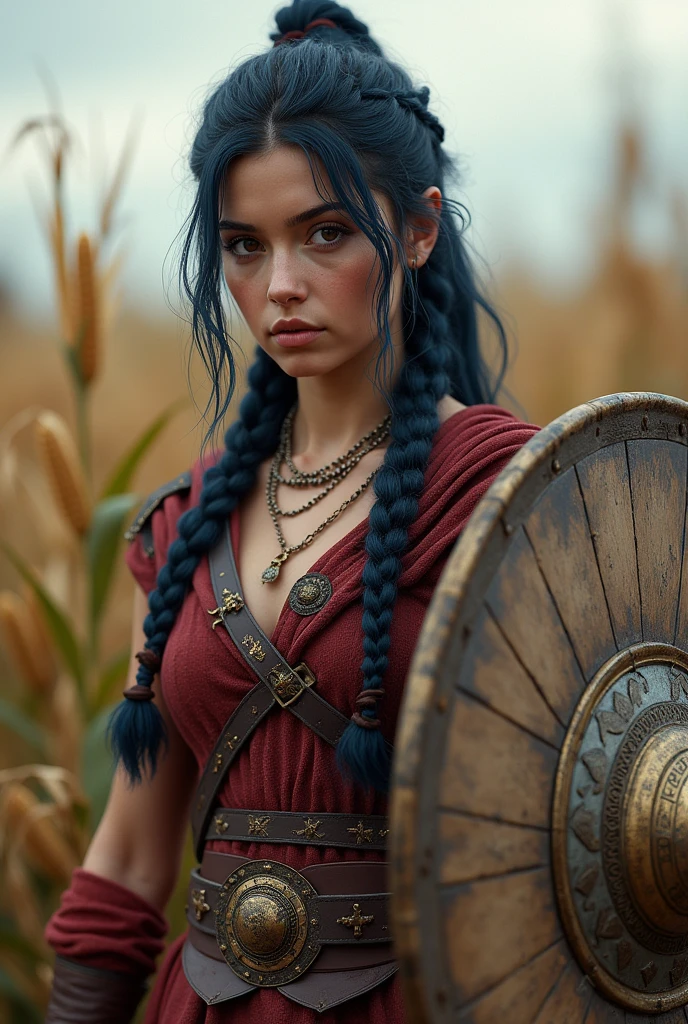 A young lady with braids and dark blue hair with a shield and a corncob dressed in a Spartan outfit next to her ready for battle