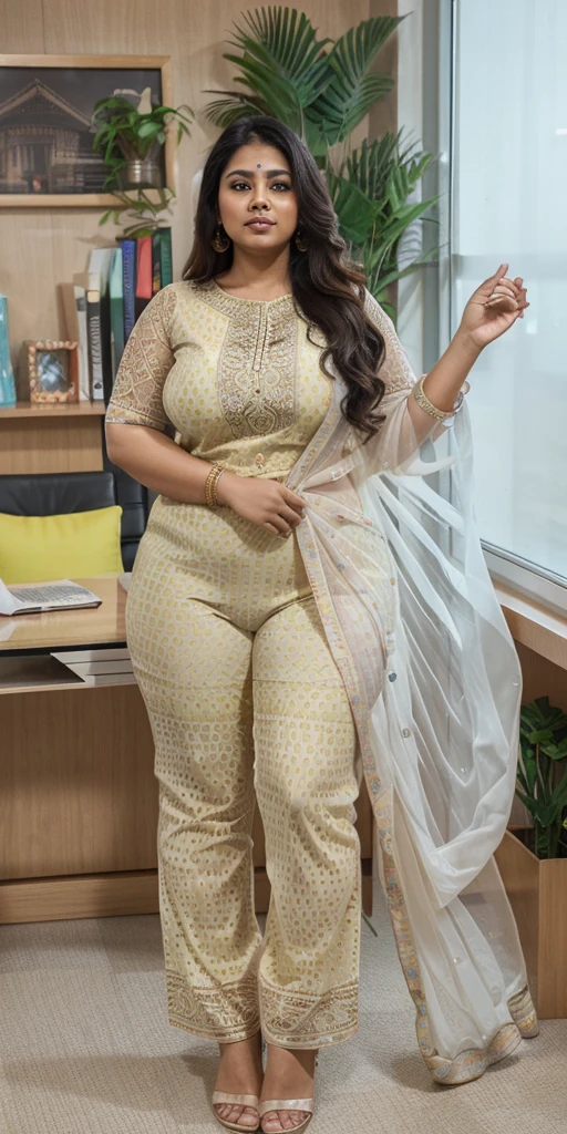 Day scene, A radiant, full-figured South Indian 3 aunty a brown colour chiffon fully transparent kurta, bra visible through kurta, ,standing, in a office captured in a full-body image with vibrant hues and meticulous details. Full body image