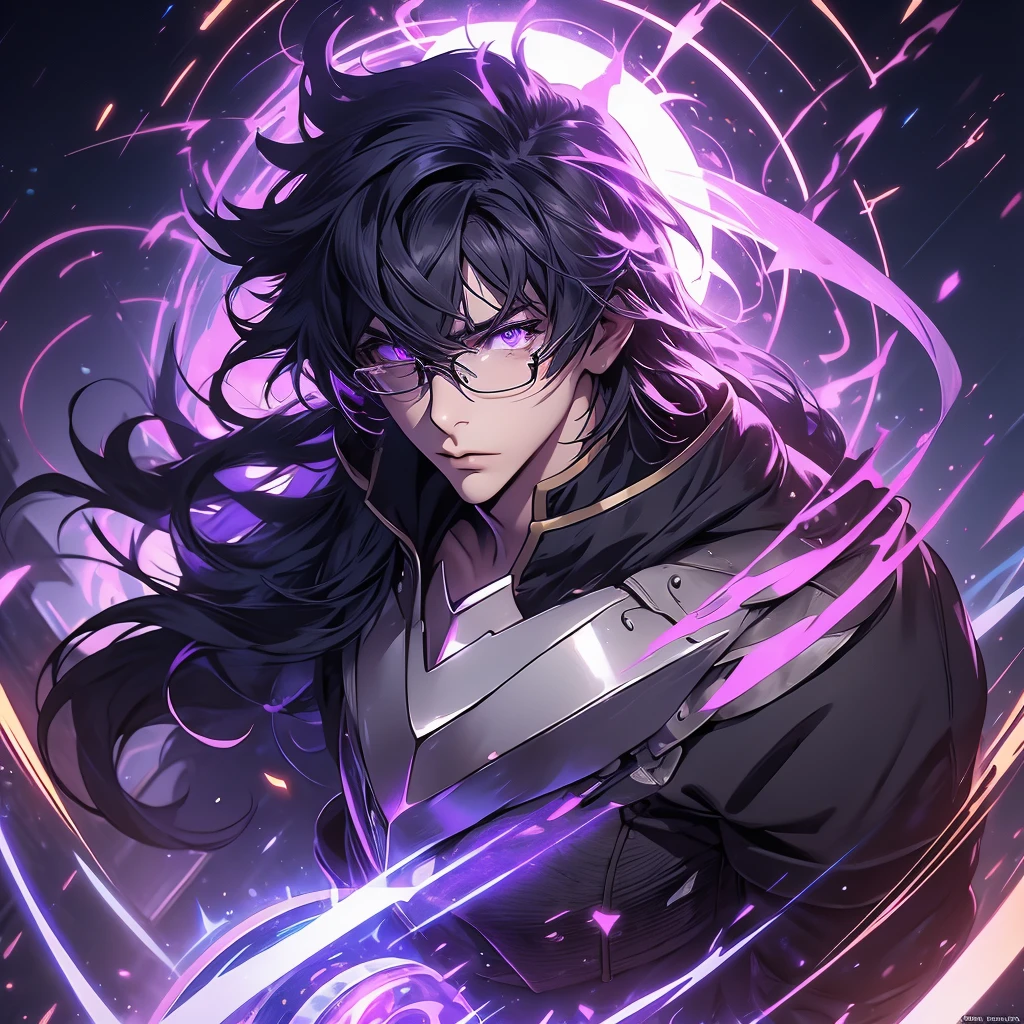 ((masterpiece)), (best quality), (ultra-detailed), (best illustration), (best illumination), photorealistic, 1boy, solo, long hair, lilac hair, wearing glasses, lilac eyes, black armor, lilac armor, multicolored armor, hammer hero, crazy, metal halo behind, dark aura, obsession, glowing pupils, full body, floating in air, ruins scenery, dark sky. 