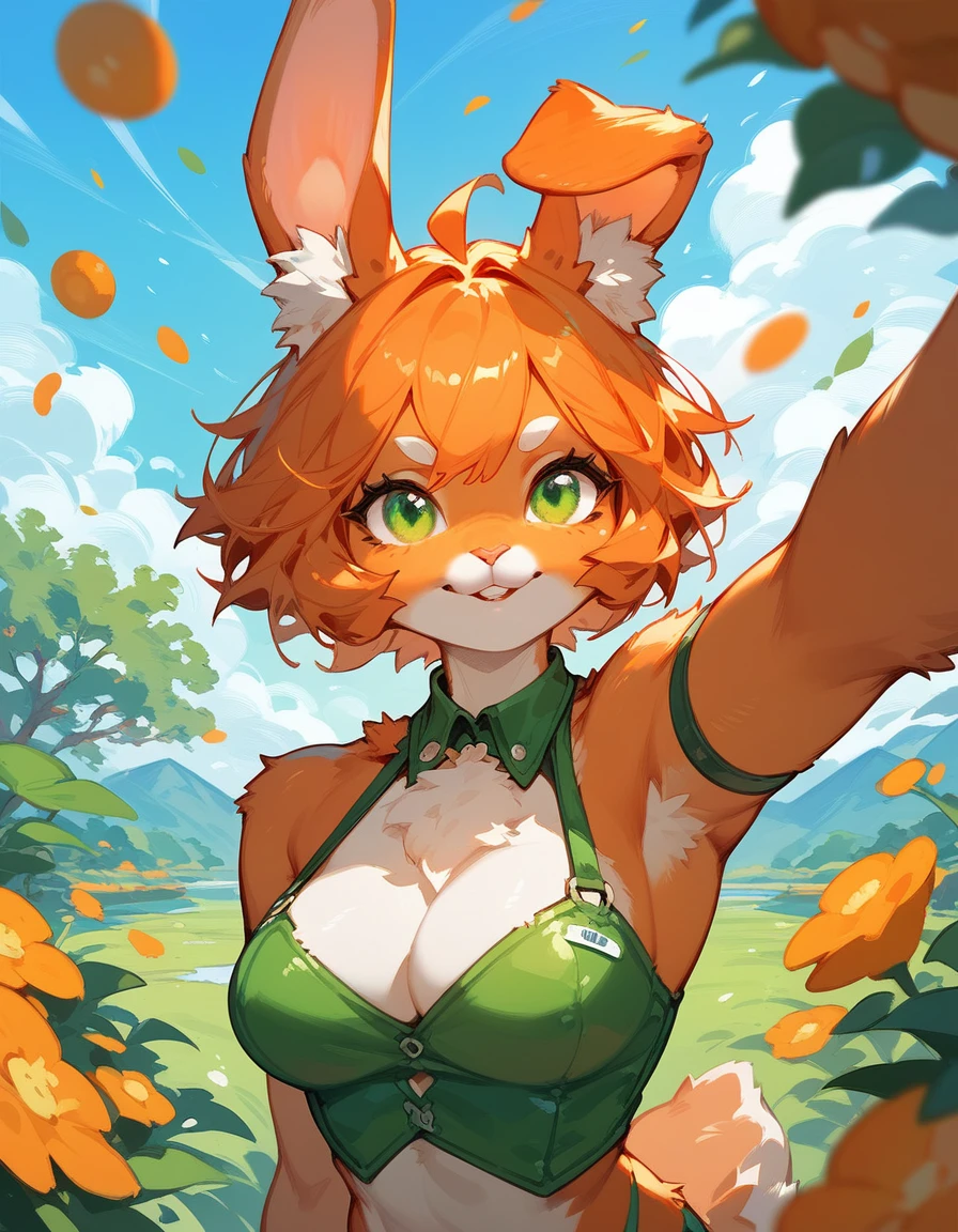 1 rabbit girl, furry, anthro, orange skin, orange fur, green eyes,