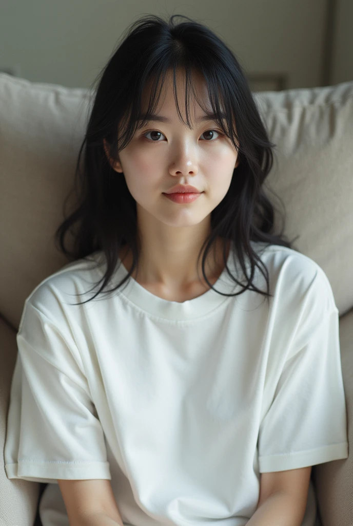 Selfie style。A fair-skinned young Japanese woman sitting on a sofa。He&#39;s wearing a very large, oversized white T-shirt.。Selfie style。