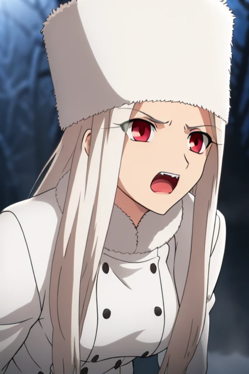 Irisviel Von Einzbern, (large breasts), oversized breasts, long hair, (platinum-blonde hair), white fur coat, white fur hat, solo, facing the viewer, looking at the viewer, angry facial expression, (shocked eyes), open mouth, yell, teeth, (night time), (foggy weather), (snow), close-up, view from below