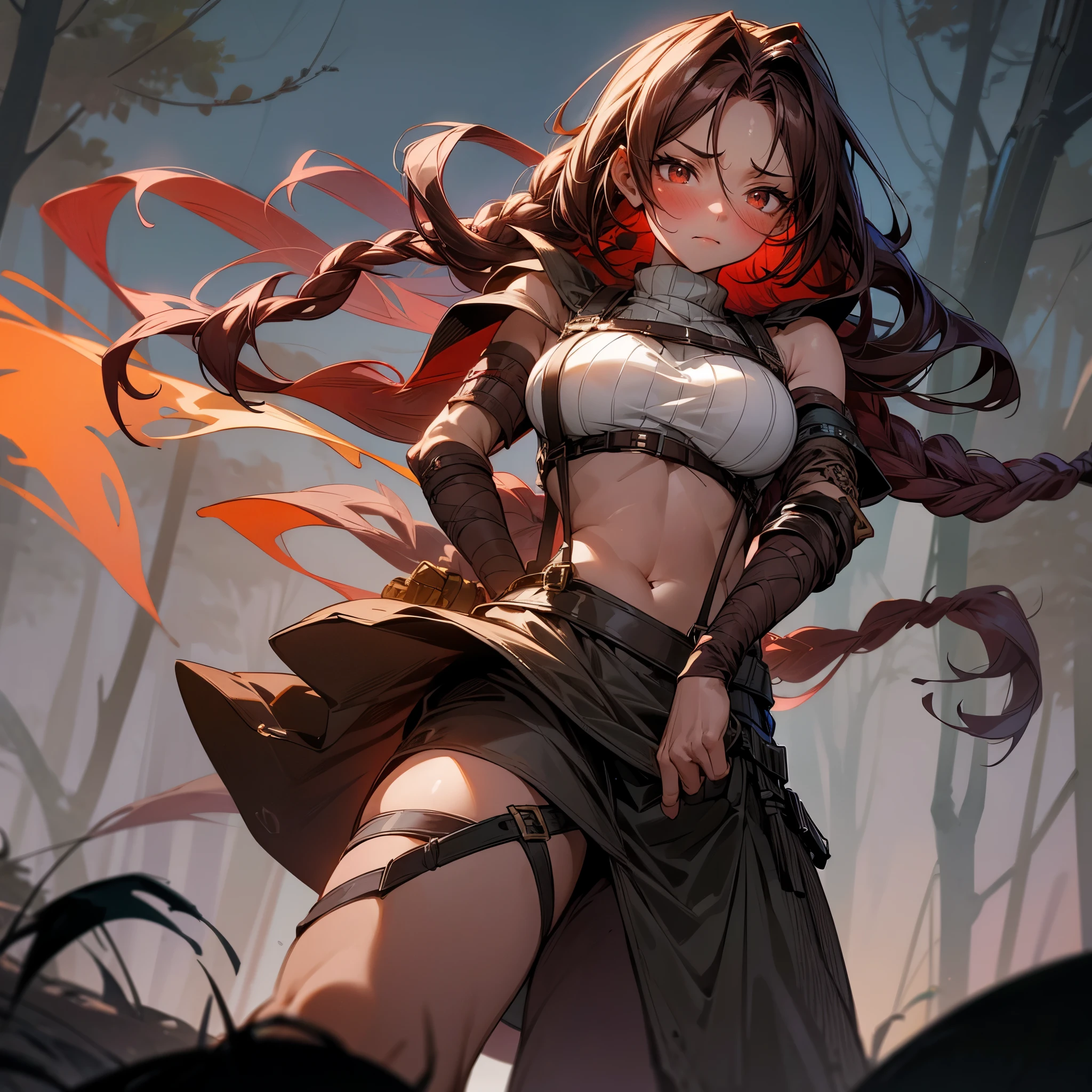 1female, sexy, big breast, young adult, finely detailed red eyes, wild long hair, braided hair, dark brown color hair, adventurer gear, suspenders, sleeveless crop top sweater, baggy combat skirt, night time, dark forest, somber expression, flowers, blushing, standing on path, lanturns, black armband, mma gloves