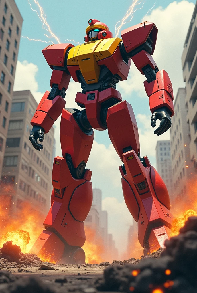 A red and yellow robot with energy inside throwing bombs at the city
