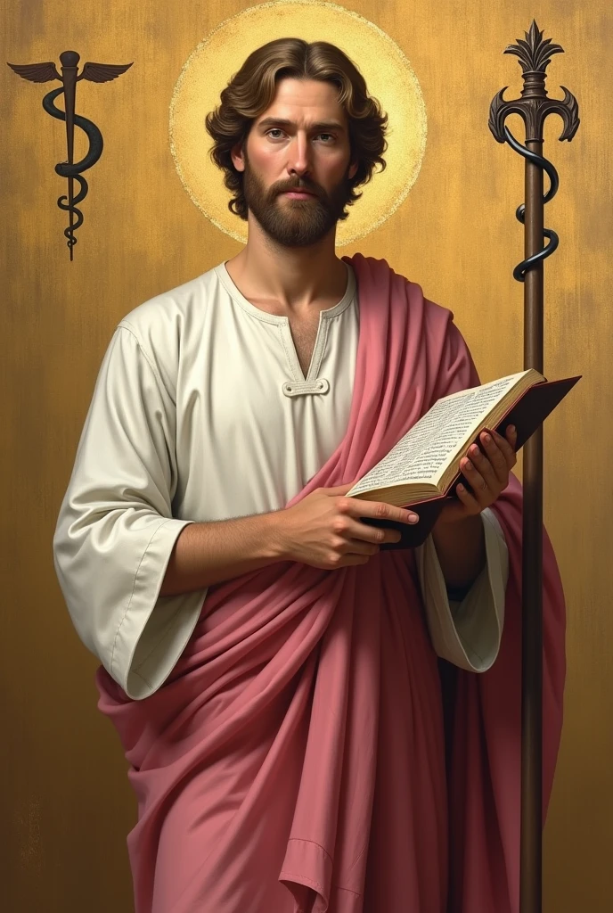 apostle saint matthew, patron of accounting, with a white tunic and a pinkish red cloak, with his book in his left hand, holding his staff in his right hand, and in the background a golden wall with a symbol "caduceus painted on the side".