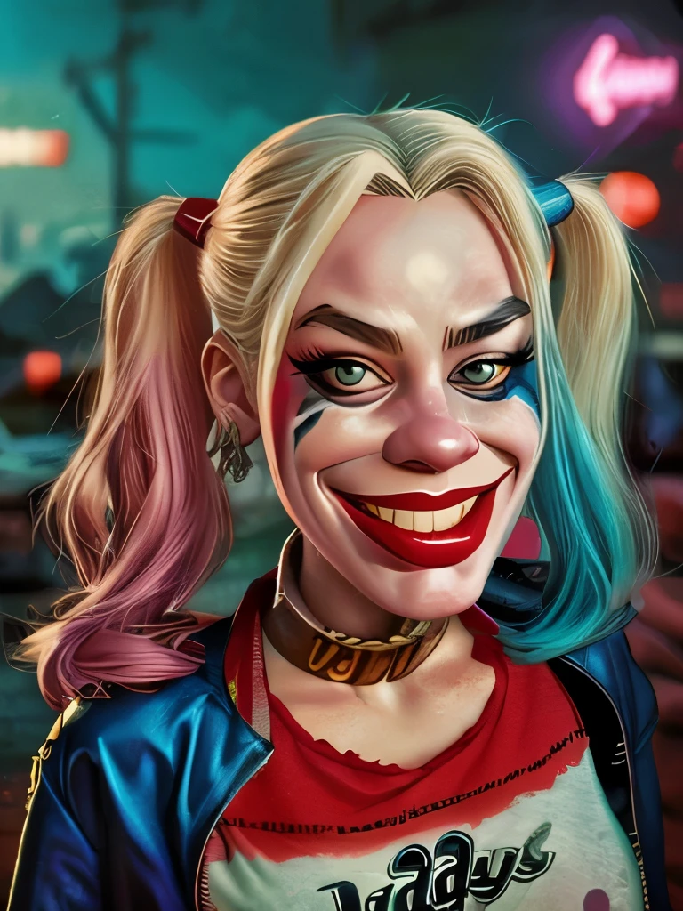 A (((caricature art, comic style ))) of Harley Quinn  in dynamic pose, big head, exaggerated features with a large nose and big Red eyes, angry face, big head, little  Hot body. ultra highly detailed, beautiful details, vivid, saturated colors, filigree detailed, tiny details, pop surrealism, cowboy shot. ((Blast cyberpunk city background )) 