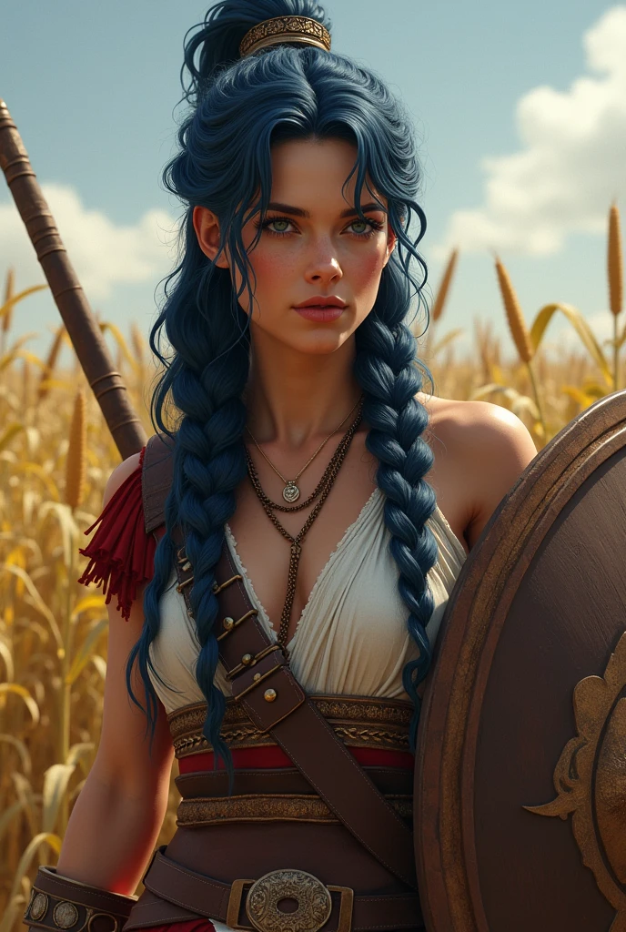A young lady with braids and dark blue hair with a shield and a corncob dressed in a Spartan outfit next to her ready for battle