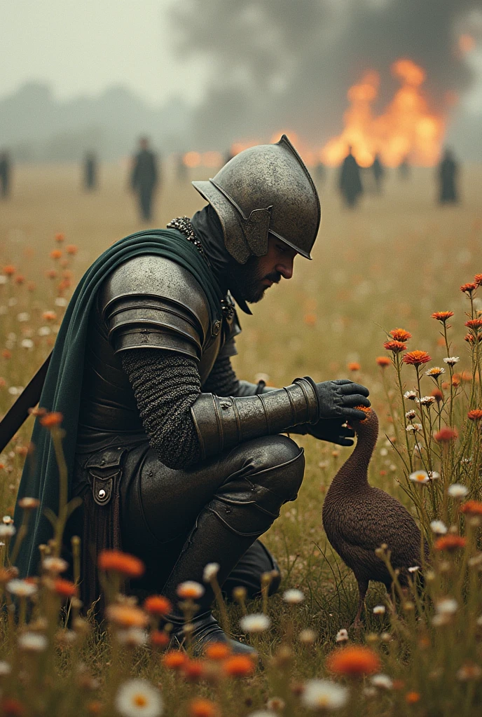 Medieval warrior with helmet covering his entire face (minute details in the armor which is of a general), on your knees and slightly crouched, leaning on his sword, watching a kiwi (the kiwi bird) and touching his head with the tips of his fingers of his left hand, in a field of flowers, which are burning in the background, since they are in a war field, with corpses in the distance