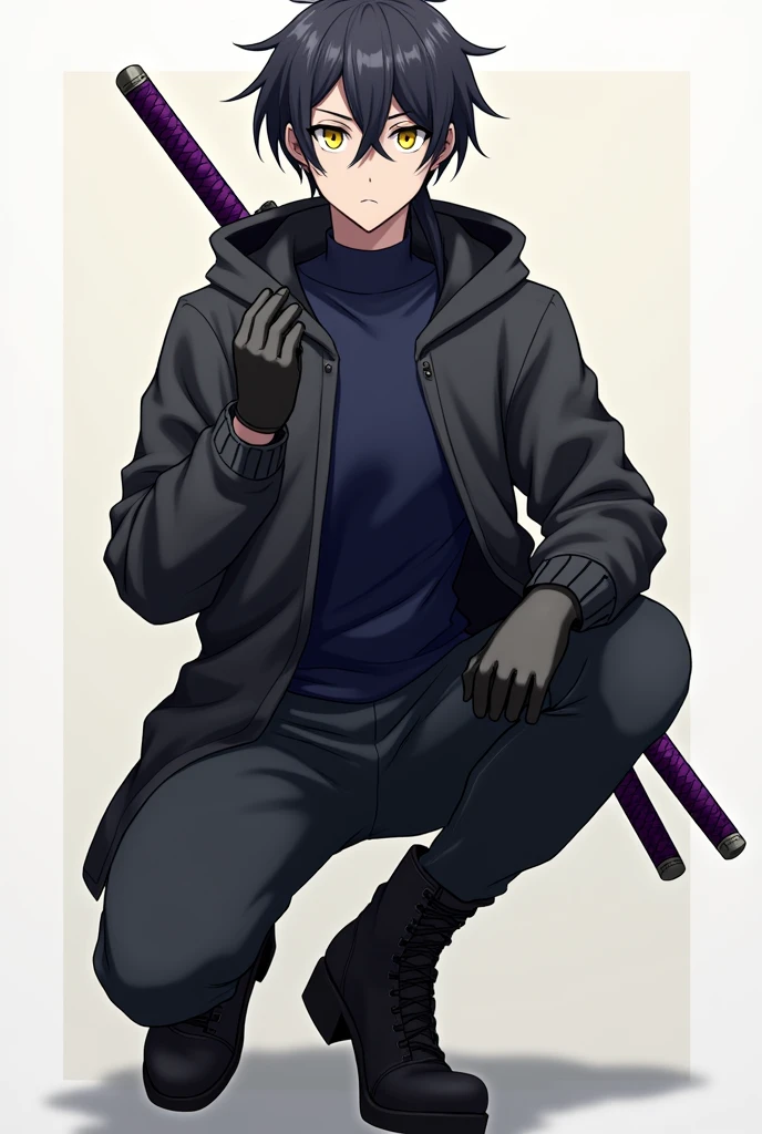 Create an anime-style male character with short black hair covering his left eye a little, a big ponytail, big yellow eyes, Men&#39;s black windbreaker jacket with dark blue shirt, black gloves, black pants with men&#39;s black boots, with a purple-handled katana on his back.