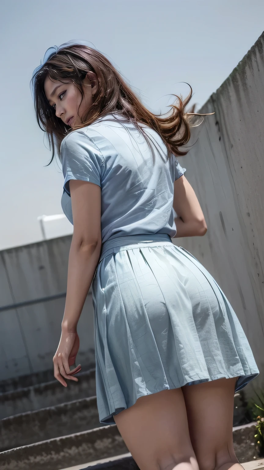 (Climbing the stairs:1.2、Carry a backpack、Stick your butt out)、((White blouse、(Wearing a light blue long skirt:1.3))、(Rear View、View from directly below)、(Realistic、Like a photograph、Live Action、8k, Realistic, RAW Photos, Best image quality: 1.4), Single-lens reflex camera、RAW Photos, Highest quality, Realistic, Highly detailed CG Unity 8k wallpaper, Written boundary depth, Cinematic Light, Lens flare, Ray Tracing, Realistic background、((ultra high density skin))、 after school、(whole body:1.5)、Long Hair 1.2、Hair blowing in the wind:1.4)、I like that style、stylish、Very detailed、Pay attention to the details、Perfect outfit、(Sunburned skin)、Rear View、Accurate hands、Accurate legs、Detailed hands and fingers、Anatomically correct body、Thin legs、Thin thighs、Small breasts、Very detailedな顔