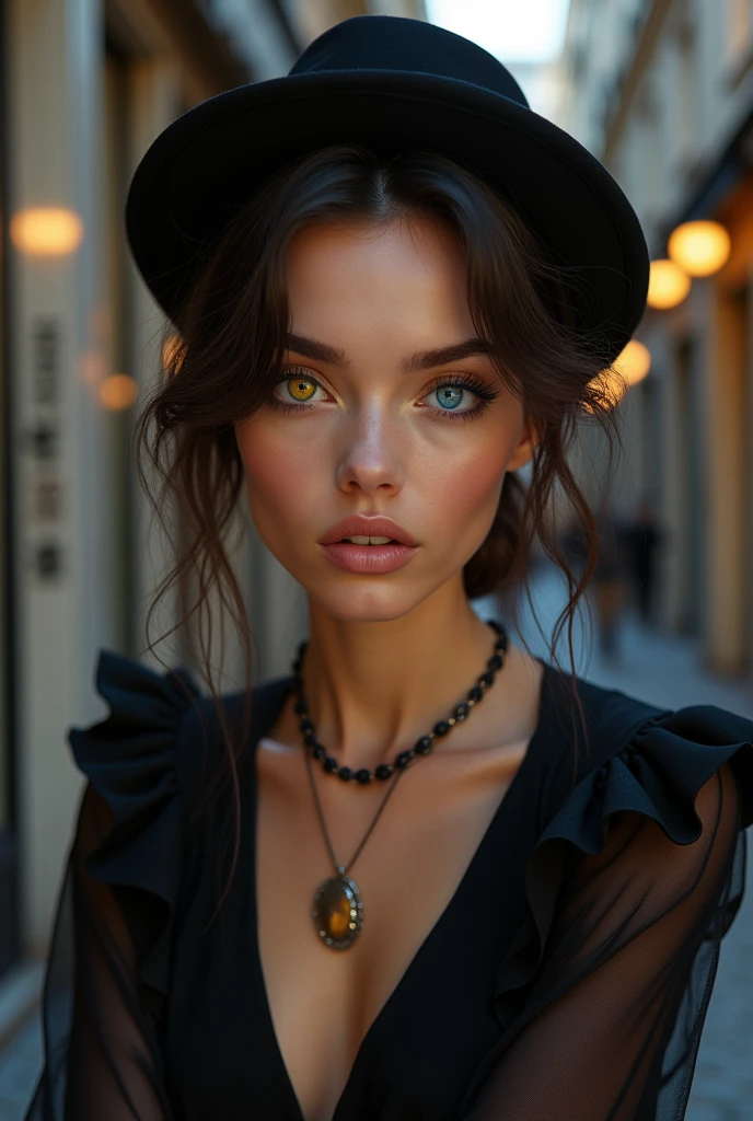 French１８Beautiful fashion model with heterochromatic eyes、The right eye is yellow and the left eye is blue.、Popular Hairstyles, seductive pose, alluring gaze, and provocative attitude, French setting