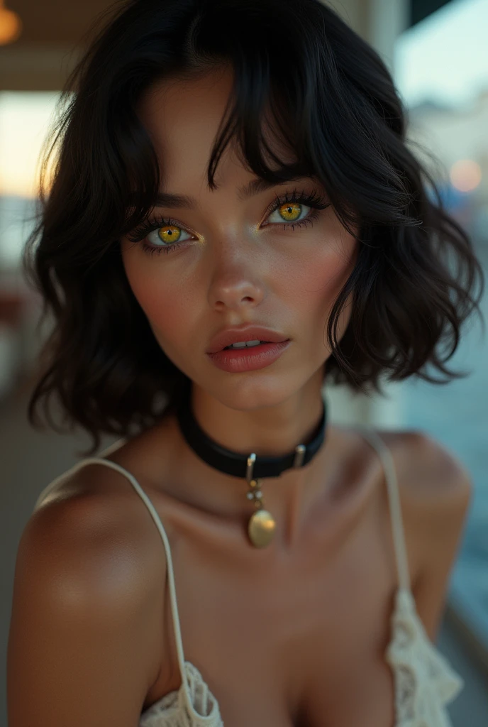 French18Beautiful fashion model with heterochromatic eyes、The right eye is yellow and the left eye is blue.、Popular Hairstyles, seductive pose, alluring gaze, and provocative attitude, French setting
