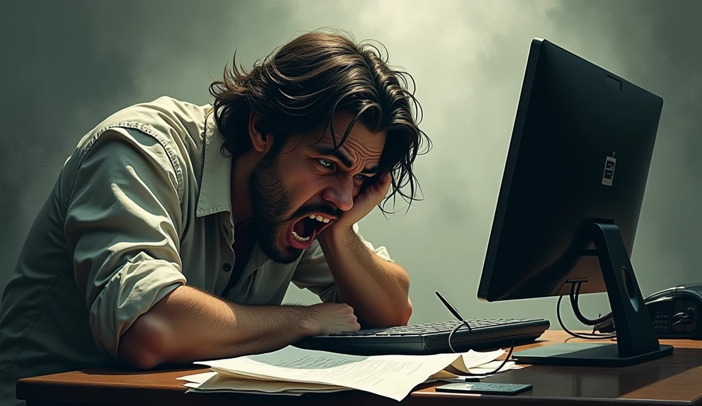 A distorted dramatic illustrated image of someone who can no longer stand working in their underemployed job.
