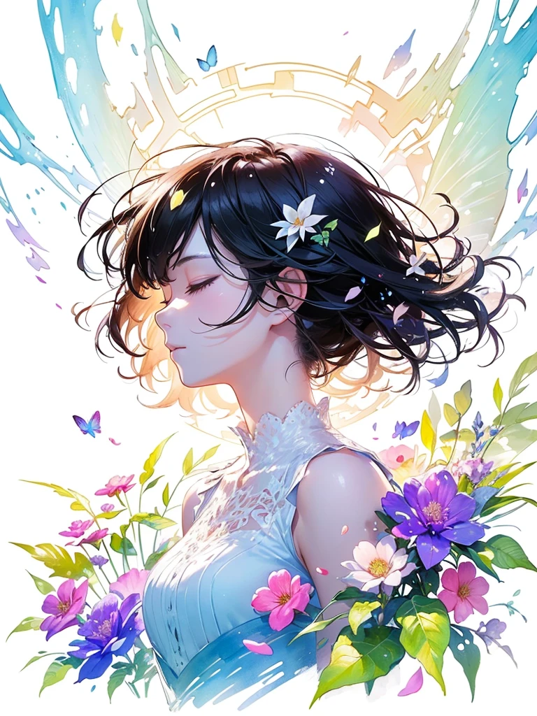 (masterpiece、Highest quality、Highest quality、Beautiful and beautiful:1.2)、Excellent anatomy、(Watercolor painting 1.5)、Long Shot、straight short hair images、Trendy Hair Color, Beautiful Face、Beautiful profile, Looking up to the sky, I close my eyes and pray, Fairy, 蝶のFairyのコスチューム、Pure white、Pure、charm, Colorful flowers of different colors, Flower and leaf wind、Botanical Art,