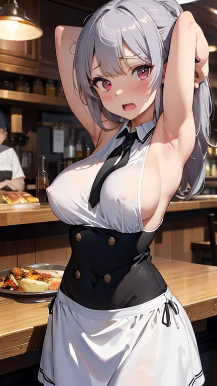 mastute piece,Best Quality,insanely detailed,8k cg,nsfw,
(shoot upper body:1.3),
(1girls:1.3),standing,looking at viewr,body in front,((both arms behind back:1.4)),(waitress costume:1.4,doble-breasted,apron),(bare breasts),break,
blush,shy,(ecstasy face),(trembling:1.2),break,(light gray hair:1.2),
break,
perfect breasts,perfect teats,(open mouth:0.9),(large breasts:1.2),
(restaurant:1.1),