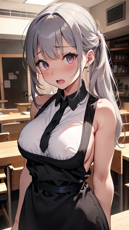 mastute piece,Best Quality,insanely detailed,8k cg,nsfw,
(shoot upper body:1.3),
(1girls:1.3),standing,looking at viewr,body in front,((both arms behind back:1.4)),(waitress costume:1.4,doble-breasted,apron),(bare breasts),break,
blush,shy,(ecstasy face),(trembling:1.2),break,(light gray hair:1.2),
break,
perfect breasts,perfect teats,(open mouth:0.9),(large breasts:1.2),
(restaurant:1.1),