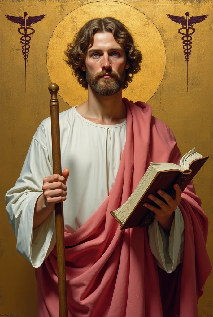 apostle saint matthew, patron of accounting, with a white tunic and a pinkish red cloak, with his book in his left hand, holding his staff in his right hand, and in the background a golden wall with a symbol "caduceus painted on the side".