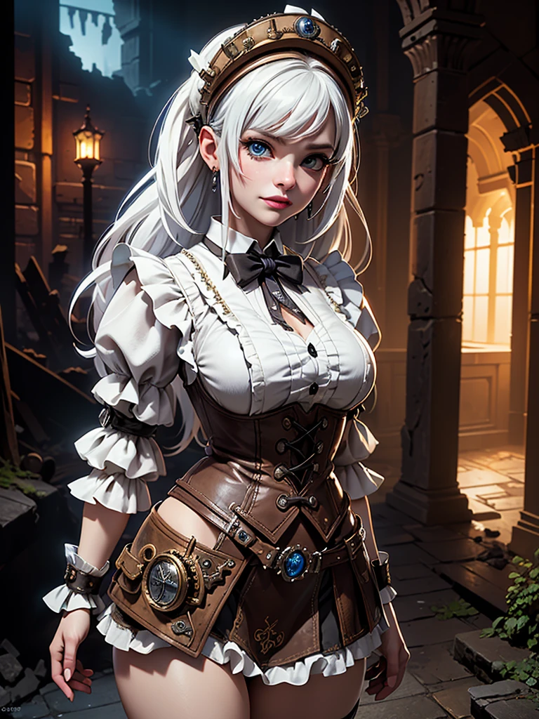 in the context of a fantastic steampunk city, (white lolita steampunk mini skirt :1.4) ,(miniskirt white Lolita sexy :1.4),(long white gray hair :1.4), expressive eyes, perfect face, dynamic scene, dynamic light, high quality, Digital paint, golden ratio, awarded, professional, Very detailed, Intricate, volumetric lighting, gorgeous, masterpiece, Sharp focus, depth of field, unreal engine, perfect composition, Digital art on Pixiv, art station, 32K, HdR, ,(Ruined dungeon ruins background:1.4 ), More detailed 8K.unreal engine:1.4,HD,La Best Quality:1.4, photorealistic:1.4, skin texture:1.4, masterpiece:1.8,masterpiece, Best Quality,object object], (detailed facial features:1.3),(The correct proportions),(Beautiful blue eyes),  (cowboy pose), (showing panties :1.4) 