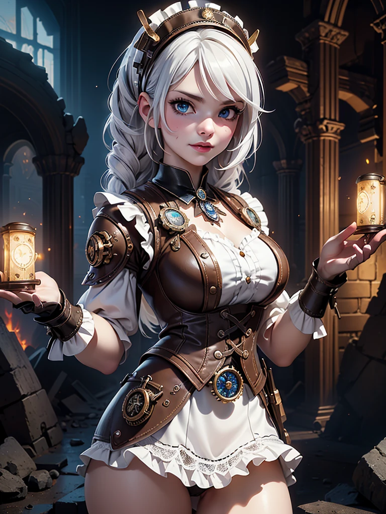 in the context of a fantastic steampunk city, (white lolita steampunk mini skirt :1.4) ,(miniskirt white Lolita sexy :1.4),(long white gray hair :1.4), expressive eyes, perfect face, dynamic scene, dynamic light, high quality, Digital paint, golden ratio, awarded, professional, Very detailed, Intricate, volumetric lighting, gorgeous, masterpiece, Sharp focus, depth of field, unreal engine, perfect composition, Digital art on Pixiv, art station, 32K, HdR, ,(Ruined dungeon ruins background:1.4 ), More detailed 8K.unreal engine:1.4,HD,La Best Quality:1.4, photorealistic:1.4, skin texture:1.4, masterpiece:1.8,masterpiece, Best Quality,object object], (detailed facial features:1.3),(The correct proportions),(Beautiful blue eyes),  (cowboy pose), (showing panties :1.4) 