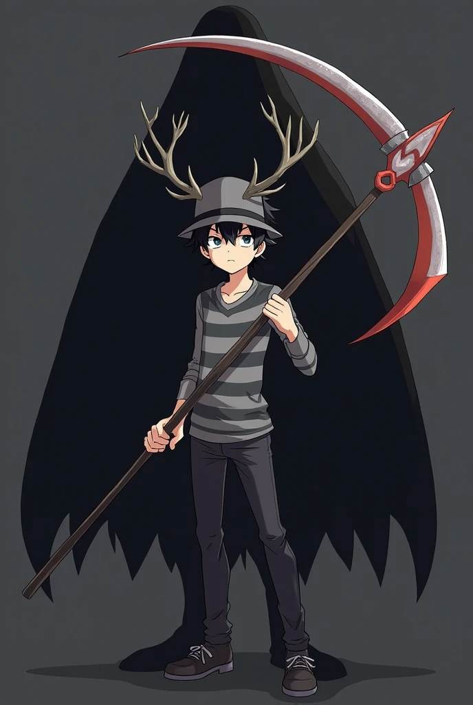 anime boy, Spiky black hair, mũ fedora team, gray striped shirt, sừng nai, scythe, black ghost behind