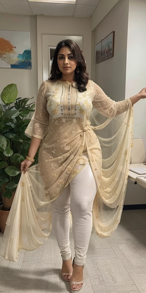Day scene, A radiant, full-figured South Indian 3 aunty a cream colour chiffon fully transparent kurta, and leggings, ,standing, in a office captured in a full-body image with vibrant hues and meticulous details. Full body image