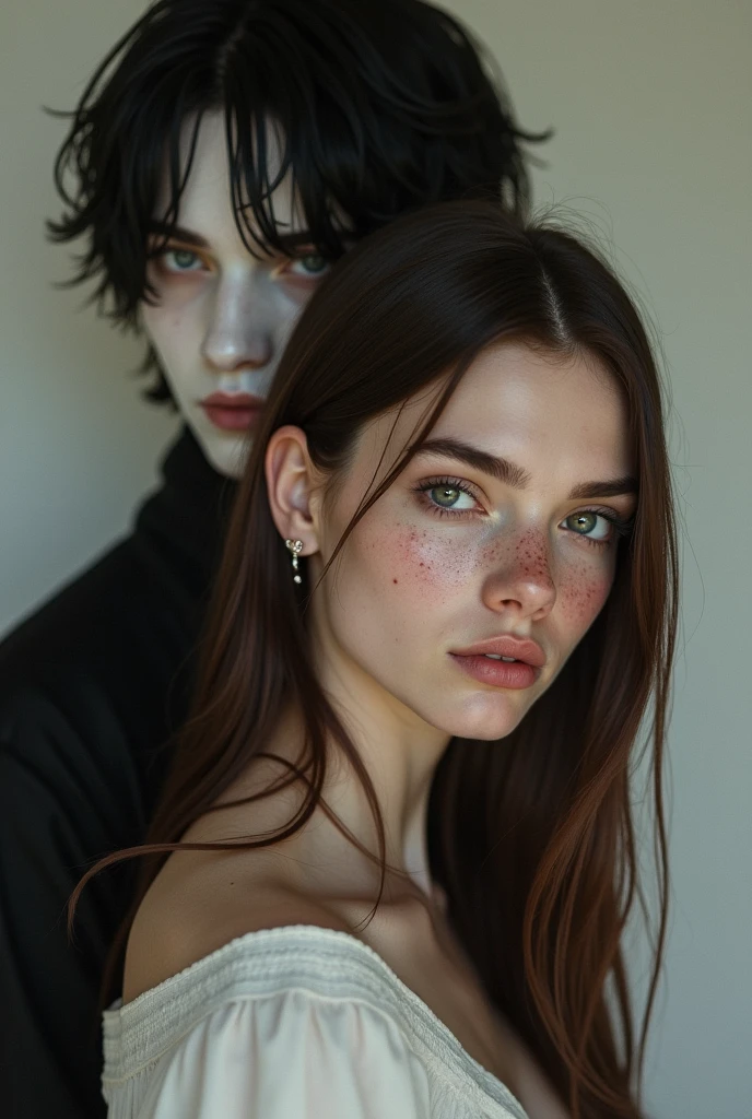 brunette woman with straight hair and freckles on her face, behind her a man with black hair and white skin and has heterochromia
