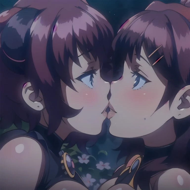 two lesbians share a kiss, tits