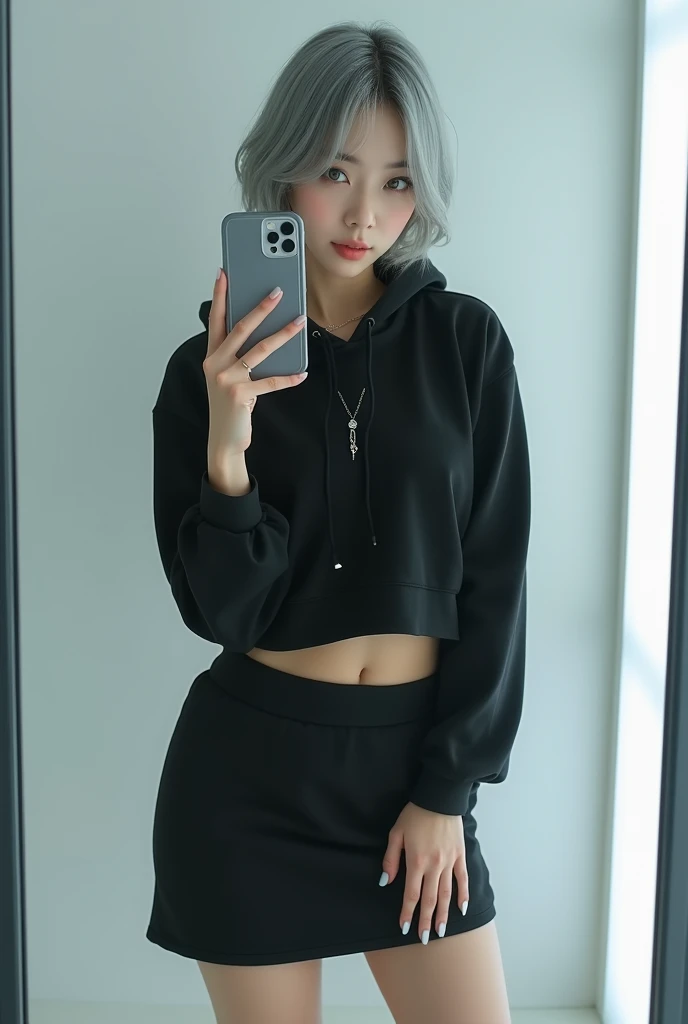 highly detailed, beautiful, hyper Realistic girl, masterpiece, best quality, Depict a mysterious and sophisticated beautiful Japanese gravure model,, 28-years-old, identity hidden, all body shot, / gray arranged hair, small head, Detailed face, cute and Pretty slim face, wide Duck mouth, perfect beautiful Tooth, arranged gray hair, shiny eyes, blue-colored eyes, Realistic skin, Detailed face, / A chic and minimalist cyberpunk jogger ensemble:
Top: A black cropped hoodie made from soft, high-quality sweat material, cinched at the waist to reveal the navel. The hoodie is unembellished, with a high collar and zippered front, offering a clean and modern aesthetic.
Bottom: A knee-length, fitted skirt in matching black sweat material, designed for a sleek and simple silhouette.
Footwear: Sleek black ankle boots with subtle synthetic overlays and neon blue soles, blending comfort with a touch of futurism.
Accessories: A thin, simple silver necklace at the neck, complemented by delicate silver bracelets on the wrists and small silver stud earrings, all understated and refined to maintain the minimalist vibe. //// simple white single room, gray frame mirror, complicated background /// takes a selfie in her room using a smartphone in front of a mirror with one hand, standing and sexy Posing, all body below shot, focus shoes, looking away from the camera,