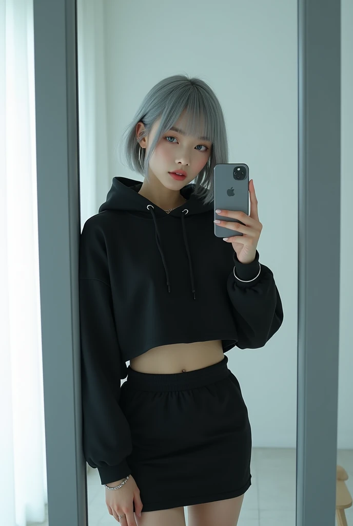 highly detailed, beautiful, hyper Realistic girl, masterpiece, best quality, Depict a mysterious and sophisticated beautiful Japanese gravure model,, 28-years-old, identity hidden, all body shot, / gray arranged hair, small head, Detailed face, cute and Pretty slim face, wide Duck mouth, perfect beautiful Tooth, arranged gray hair, shiny eyes, blue-colored eyes, Realistic skin, Detailed face, / A chic and minimalist cyberpunk jogger ensemble:
Top: A black cropped hoodie made from soft, high-quality sweat material, cinched at the waist to reveal the navel. The hoodie is unembellished, with a high collar and zippered front, offering a clean and modern aesthetic.
Bottom: A knee-length, fitted skirt in matching black sweat material, designed for a sleek and simple silhouette.
Footwear: Sleek black ankle boots with subtle synthetic overlays and neon blue soles, blending comfort with a touch of futurism.
Accessories: A thin, simple silver necklace at the neck, complemented by delicate silver bracelets on the wrists and small silver stud earrings, all understated and refined to maintain the minimalist vibe. //// simple white single room, gray frame mirror, complicated background /// takes a selfie in her room using a smartphone in front of a mirror with one hand, standing and sexy Posing, all body below shot, focus shoes, looking away from the camera,