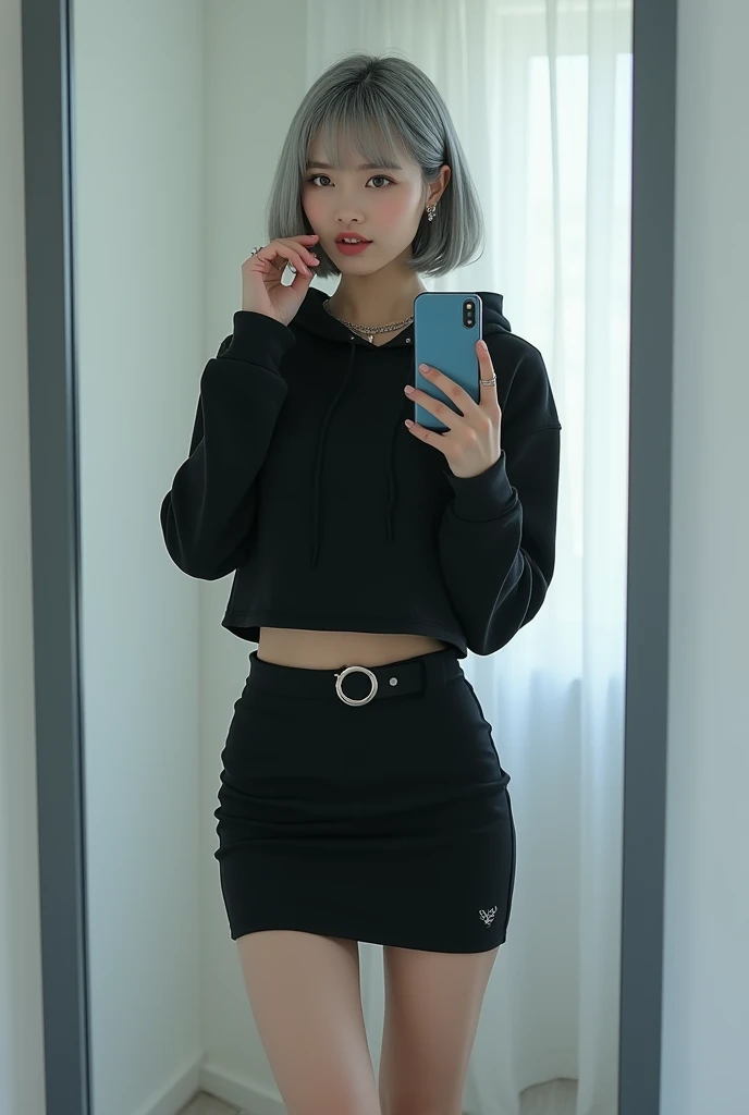 highly detailed, beautiful, hyper Realistic girl, masterpiece, best quality, Depict a mysterious and sophisticated beautiful Japanese gravure model,, 28-years-old, identity hidden, all body shot, / gray arranged hair, small head, Detailed face, cute and Pretty slim face, wide Duck mouth, perfect beautiful Tooth, arranged gray hair, shiny eyes, blue-colored eyes, Realistic skin, Detailed face, / A chic and minimalist cyberpunk jogger ensemble:
Top: A black cropped hoodie made from soft, high-quality sweat material, cinched at the waist to reveal the navel. The hoodie is unembellished, with a high collar and zippered front, offering a clean and modern aesthetic.
Bottom: A knee-length, fitted skirt in matching black sweat material, designed for a sleek and simple silhouette.
Footwear: Sleek black ankle boots with subtle synthetic overlays and neon blue soles, blending comfort with a touch of futurism.
Accessories: A thin, simple silver necklace at the neck, complemented by delicate silver bracelets on the wrists and small silver stud earrings, all understated and refined to maintain the minimalist vibe. //// simple white single room, gray frame mirror, complicated background /// takes a selfie in her room using a smartphone in front of a mirror with one hand, standing and sexy Posing, all body below shot, focus shoes, looking away from the camera,