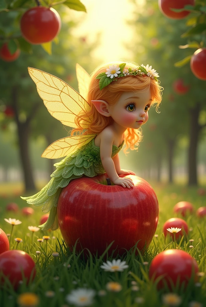 A gorgeous little fairy, no larger than a hummingbird, delicately perched atop a gleaming red apple. The fairy's skin is a soft, ethereal glow that complements her intricate, leaf-like wings which are a kaleidoscope of green and gold hues, fluttering gently in the dappled sunlight filtering through the orchard. She wears a crown of tiny white blossoms and a dress made from the finest spider silk, adorned with dew drops that act as diamond-like jewels. The apple, nestled among the verdant foliage of the tree, appears to be the size of a small boulder compared to the fairy, emphasizing her minuscule size. Her pointed ears peek out from underneath a cascade of curly, strawberry-blonde hair, and her eyes sparkle with the innocence and wonder of a creature untouched by the troubles of the mortal world. A warm, golden glow surrounds the fairy, casting a heavenly light upon the fruit and leaves. The background is a serene orchard scene, with rows of apple trees stretching into the distance, their branches laden with ripe, red apples. The orchard floor is a patchwork of vibrant wildflowers and the blades of grass seem to be painted with the same meticulous detail as the fairy herself. The overall atmosphere is one of enchantment and tranquility, inviting the viewer into a whimsical realm where magic and nature intertwine.